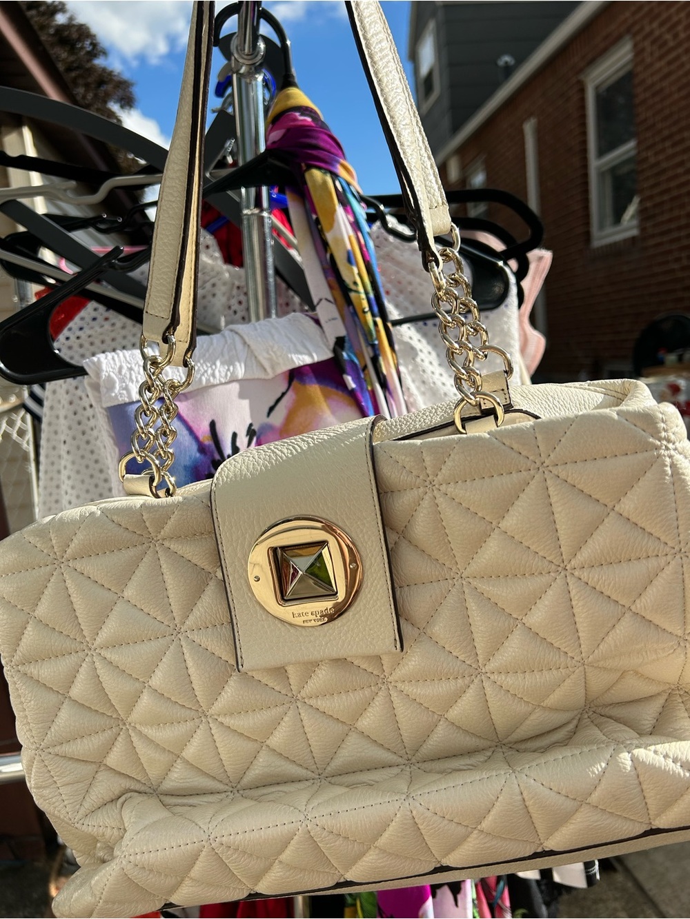 kate spade Cream Quilted Shoulder Bag with Gold-Tone Turn Lock